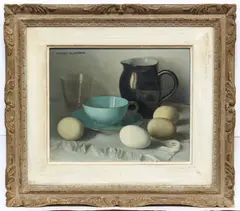 Still life of a black glazed jug by Jacques Blanchard, oil on board, sold Oct 2023