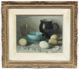 Still life of a black glazed jug by Jacques Blanchard, oil on board, sold Oct 2023