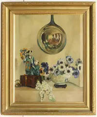Still life with pansies in a glazed bowl by Noel Gibson, oil on canvas board, sold Oct 2023