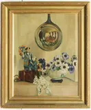 Still life with pansies in a glazed bowl by Noel Gibson, oil on canvas board, sold Oct 2023