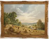 Harvesters in an extensive river landscape by Don Vaughan, Oil on canvas, sold Oct 2023