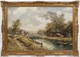 Children fishing at the lock by Don Vaughan, Oil on canvas, sold Oct 2023