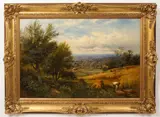 Harvester at work on a hillside by Alfred Augustus Glendening Snr., Oil on canvas, sold Oct 2023