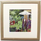 Cotswold garden by Liz Allchin, acrylic on card, sold Jul 2023