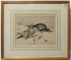 Pheasants in the Snow by Winifred Austen, etching, sold Jul 2023