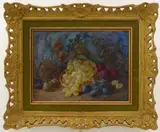 Still life with basket of grapes and plums on a mossy knoll by Vincent Clare, oil, sold Jun 2023