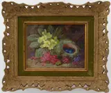 Still life with a bird's nest and primroses on a mossy knoll by Vincent Clare, oil on canvas, sold Jun 2023