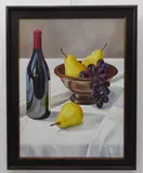 Wine bottle and Fruit Bowl by Neil Smith, oil on canvas, sold Jun 2023