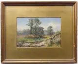 Landscape study with a sandy bank and pool beneath tall trees by Alfred Grey Rha, oil on board, sold Jun 2023