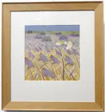 Barn owl flying low over a wheat field by Carry Ackroyd, gouache, sold Jun 2023