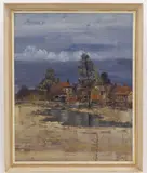 Buildings with Pond to the Foreground by Francis J. Dempsey, oil on canvas, sold May 2023