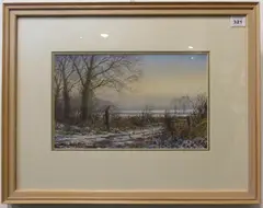 Snowscape with Pheasants by Peter Robinson, watercolour, sold May 2023