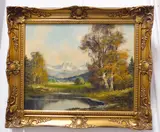 Lake Scene by Fruer Metzer, oil on canvas, sold Apr 2023