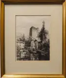 Oxford Castle by Alfred-Louis Brunet-Debaines, etching, offered Apr 2023
