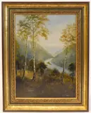 'Wooded Mountain Landscape with River by George Willis-Pryce, oil on board, sold Mar 2023