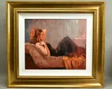 'Time to Reflect', a full length portrait of a female figure by Mark Spain, oil on canvas, sold Nov 2020