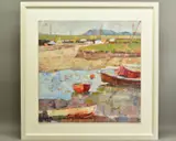'Low Tide at Wells', sailing boats in an estury, signed to by Sally Anne Fitter, oil on board, sold Nov 2020