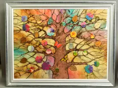 'Golden Afternoon', insects, birds and leaves on a tree, signed by Kerry Darlington, mixed media on board, sold Nov 2020
