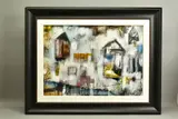 'Urban Colour III', an abstract composition, signed by John and Elli Milan, mixed media on board, sold Nov 2020
