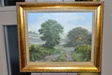 A British landscape with a thatched cottage beside a cart by Lesley Hammett, oil on canvas, sold Nov 2020