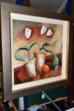 A STILL LIFE STUDY OF FLOWER IN VASES AND FRUIT, signed by John Tullis, oil on board, sold Nov 2020