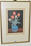 tulips in a blue vase, a limited edition woodblock print, by Urushibara Mokuchu, print, sold Nov 2020
