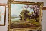 continental landscape, cherry blossom tree to the foreground by Bela Gabris, oil on canvas, sold Nov 2020
