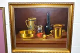 A still life study of a ceramic tankard by András Gombár, oil on board, offered Nov 2020