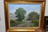 A British landscape with a thatched cottage beside a cart by Lesley Hammett, oil on canvas, offered Nov 2020