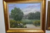 A British landscape with Ducks on a duck pond to the by Lesley Hammett, oil on canvas, sold Nov 2020
