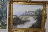 a River running through fields, cattle to the field on the left side, by Lesley Hammett, oil on canvas, sold Oct 2020