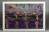 The blue hour on the city ii by Annie Blanchet Rouze, 2017, mixed media on board, sold Oct 2020