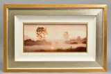 A landscape view over a misty field by John Waterhouse, oil on board, sold Oct 2020
