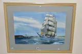 A three masted tall ship under full sail off a headland by Hugo Dagger, pencil, sold Oct 2020