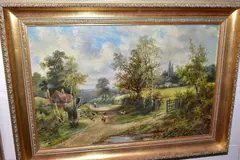 A female figure walking through a rural hamlet by Octavius Clark, oil on canvas, sold Oct 2020