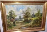 A female figure walking through a rural hamlet by Octavius Clark, oil on canvas, sold Oct 2020