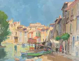 Figures and boats on the edge of a sunlit town Signed Oil by Georges Charles Robin, Oil on panel, sold Dec 2019