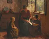 Reading with mother Signed Oil by Bernard Jean Corneille Pothast, Oil on canvas, sold Dec 2019