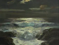 Moonlit seascape Signed Oil by Julius Olsson, Oil on canvas, sold Dec 2019