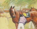 A jockey in purple and yellow preparing to mount a chestnut racehorse by Nicholas Tolley, Mixed media on board, offered Dec 2019