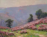 Mountainous landscape with pink heather Signed Oil by Wynford Dewhurst, Oil on canvas, sold Dec 2019