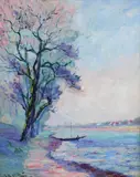 River landscape with a village on the far bank Signed by Emmanuel de La Villéon, Oil on canvas, sold Dec 2019