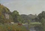 Landscape with cattle by a river by Campbell Archibald Mellon, oil on board, sold Dec 2019