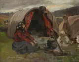 Cooking over a campfire by Anna Dixon, oil on panel, offered Dec 2019