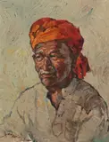 Portrait of a man in an orange turban Signed and by Mohammed Hoessein Enas, Oil on canvas, offered Dec 2019