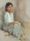 Portrait of a young girl seated in a blue dress by Mohammed Hoessein Enas, Oil on canvas, offered Dec 2019