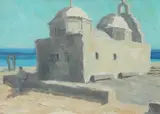 Orthodox Greek church by the sea Signed Oil by Georgios Kosmadopoulos, Oil on board, offered Dec 2019