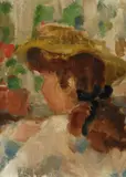 Portrait of a girl in a yellow hat Oil by Peggy Somerville, Oil on canvas laid on board, sold Dec 2019