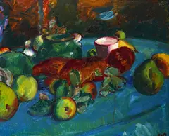 Still Life with Gothic Figure Signed with initials Oil by Matthew Smith, 1944, Oil on canvas, sold Dec 2019