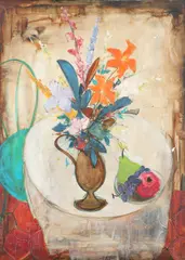 Still life with a jug of flowers and a bowl of fruit Signed Oil by Bernard Lignon, Oil on canvas, sold Dec 2019